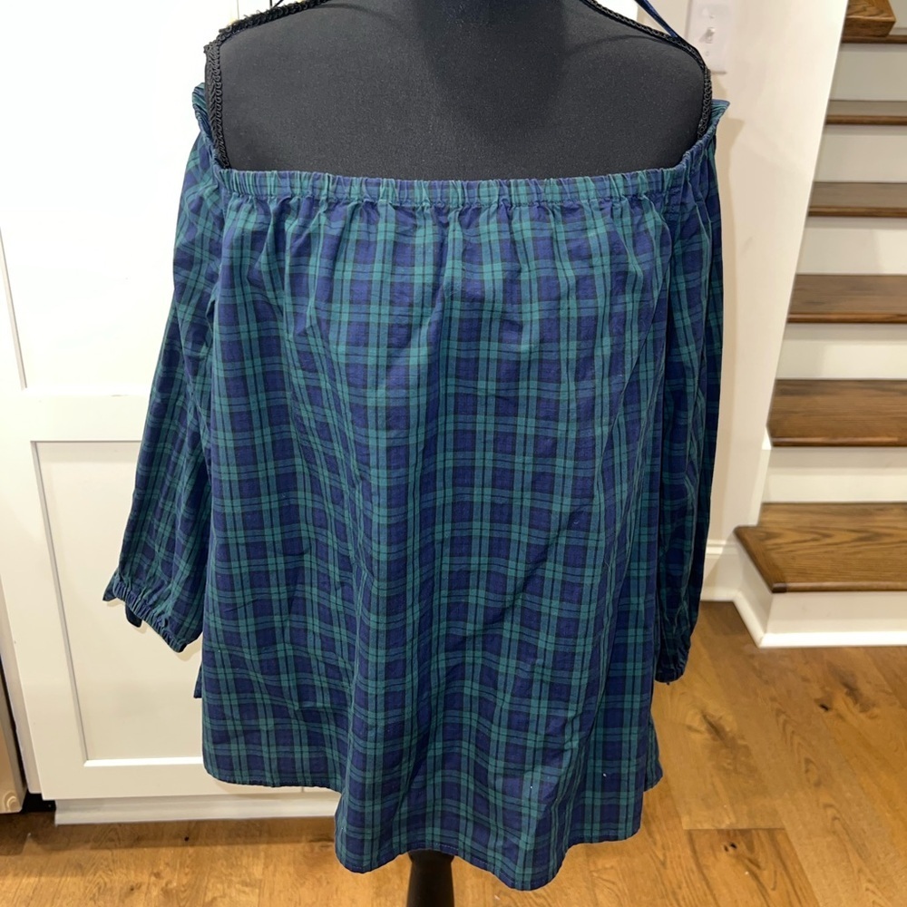 Vineyard Vines Top Off Shoulder Tie Sleeve Pleat Blue Green Plaid 100% Cotton